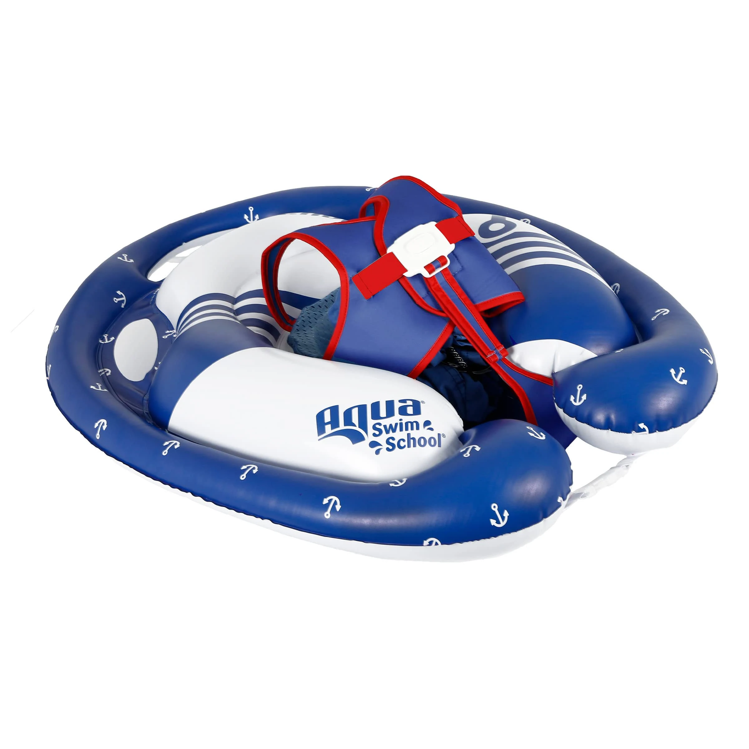 SwimSchool Freestyle Swimmer Baby Pool Float with Multi-Position, Adjustable Safety Seat, Free Swimming, Dual Air Chambers Safe, Red-White-Blue Nautical