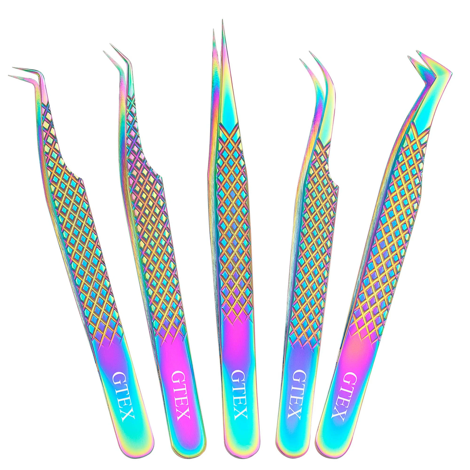 GTEX Lash Eyelash Extension Tweezers Set of 5, Japanese Stainless Steel Tools Straight Curved 45 90 Degree Angled Tip, Volume Tweezers Precision Multi Color Rainbow