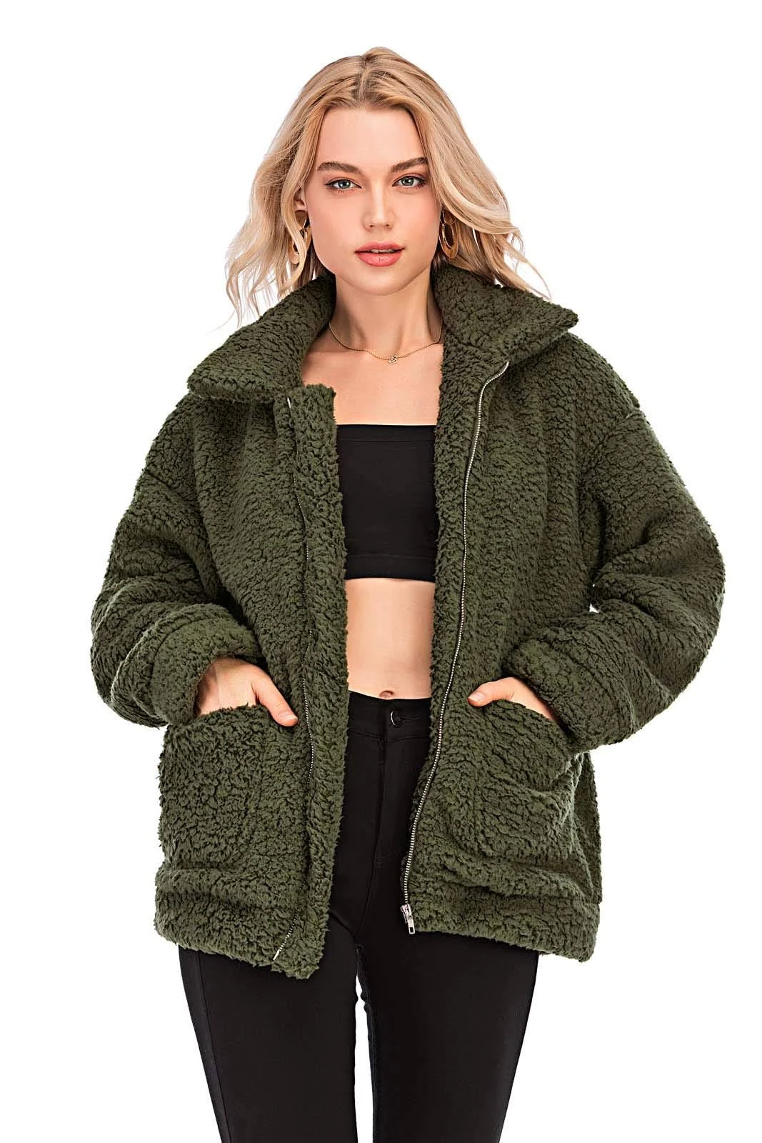 Comeon Winter Coats for Women Shaggy Fur Jacket Fuzzy Faux Shearling Zip Up Oversized Warm Shacket Outwear