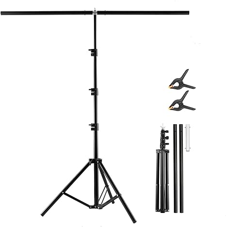 T Shape Backdrop Stand Kit 3.3 * 6.6 FT, Adjustable Background Support Stand Kit with 2 Spring Clamps for Parties, Wedding, Photography, Decoration, BEIYANG