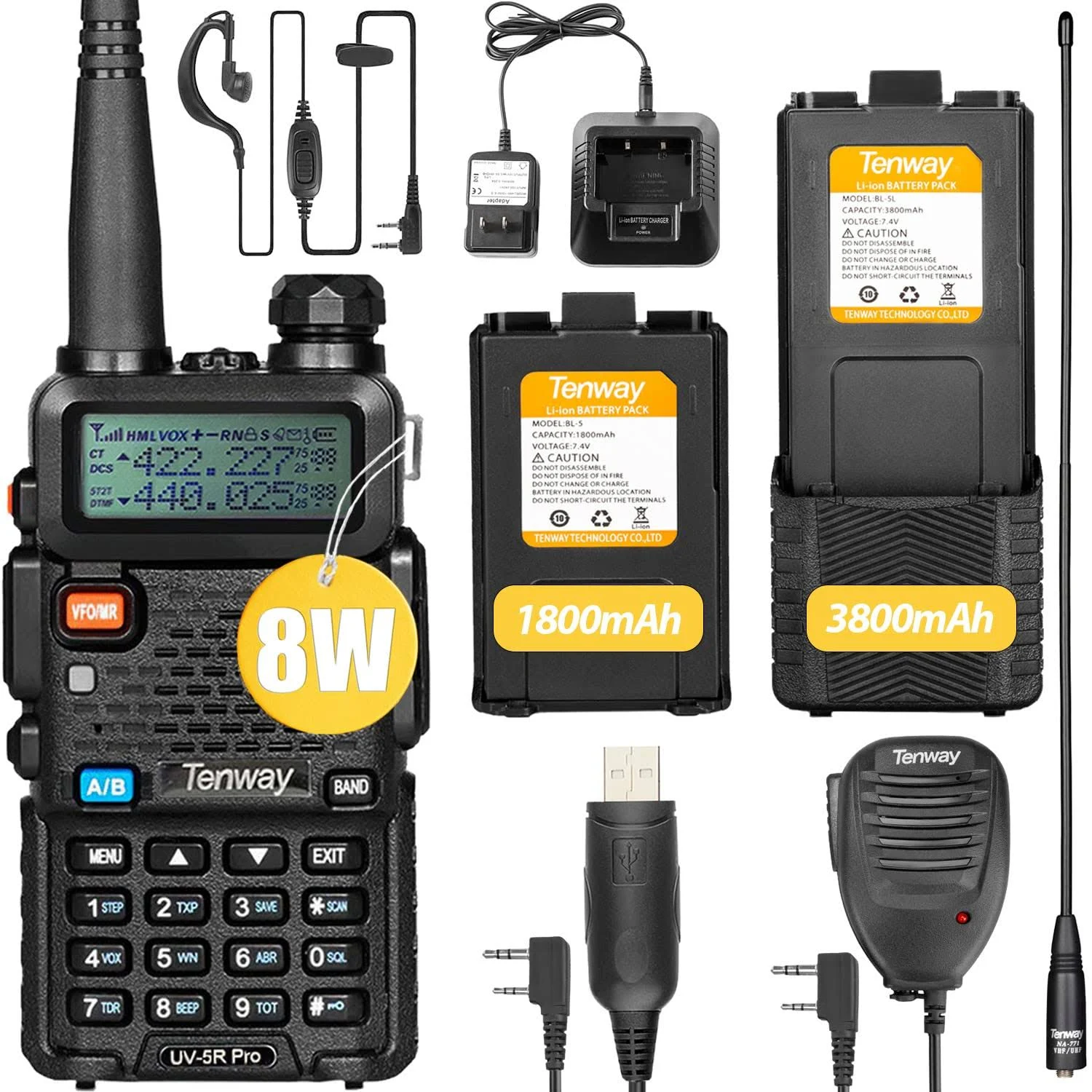 Ham Radio Walkie Talkie UV-5R Pro Dual Band Two Way Radio with One More 3800Mah 