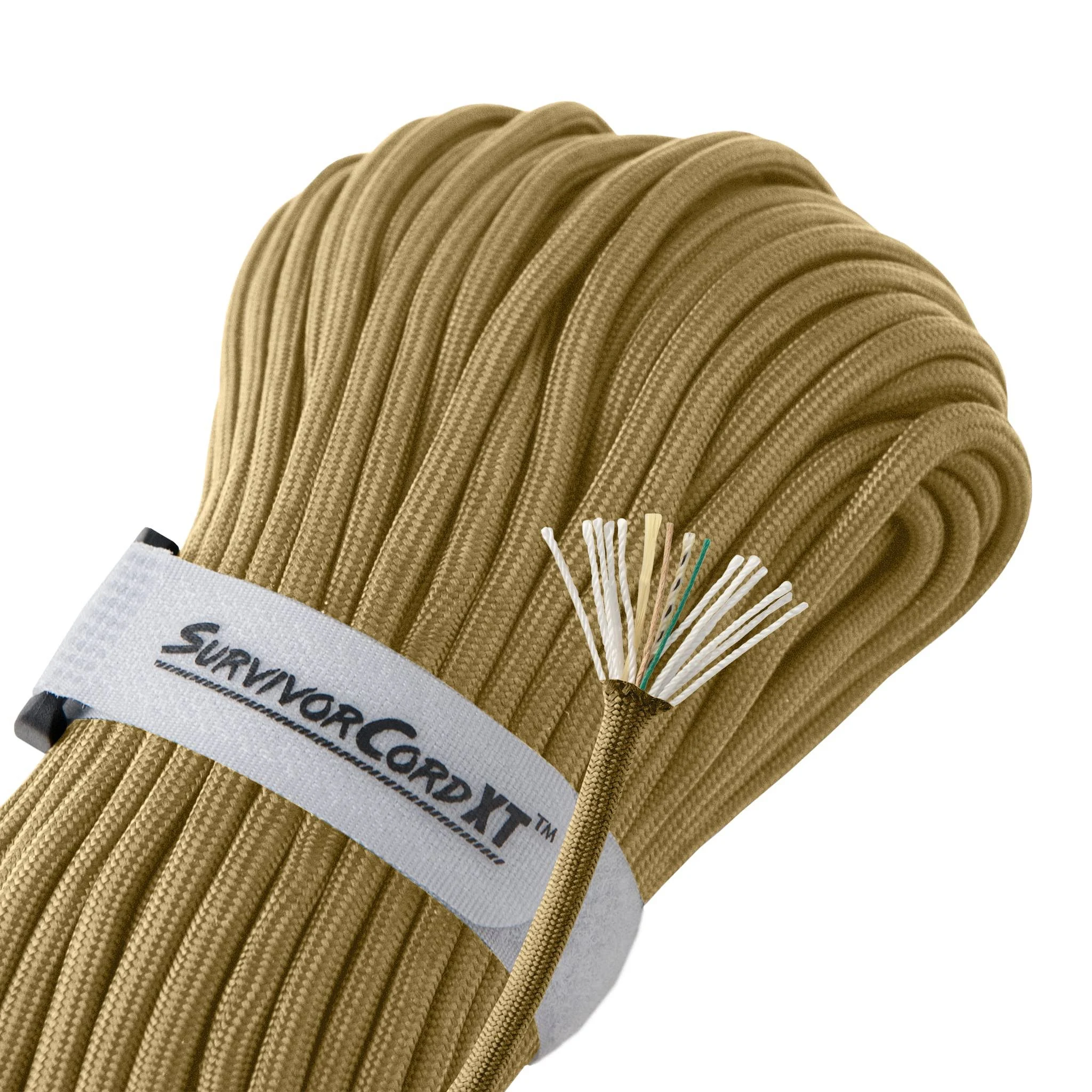 XT Paracord from Titan Survival 100ft USA Made - Patented 1000LB Strength Survival Paracord 750 with 3 Strands - Heavy Duty Military Hank Cord for Outdoors with Firestarter, Coyote Brown