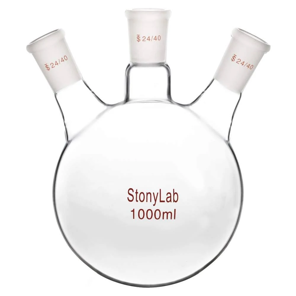 StonyLab Glass 3 Neck Round Bottom Flask RBF, with 24/40 Center and Side Standard Taper Outer Joint (1L)