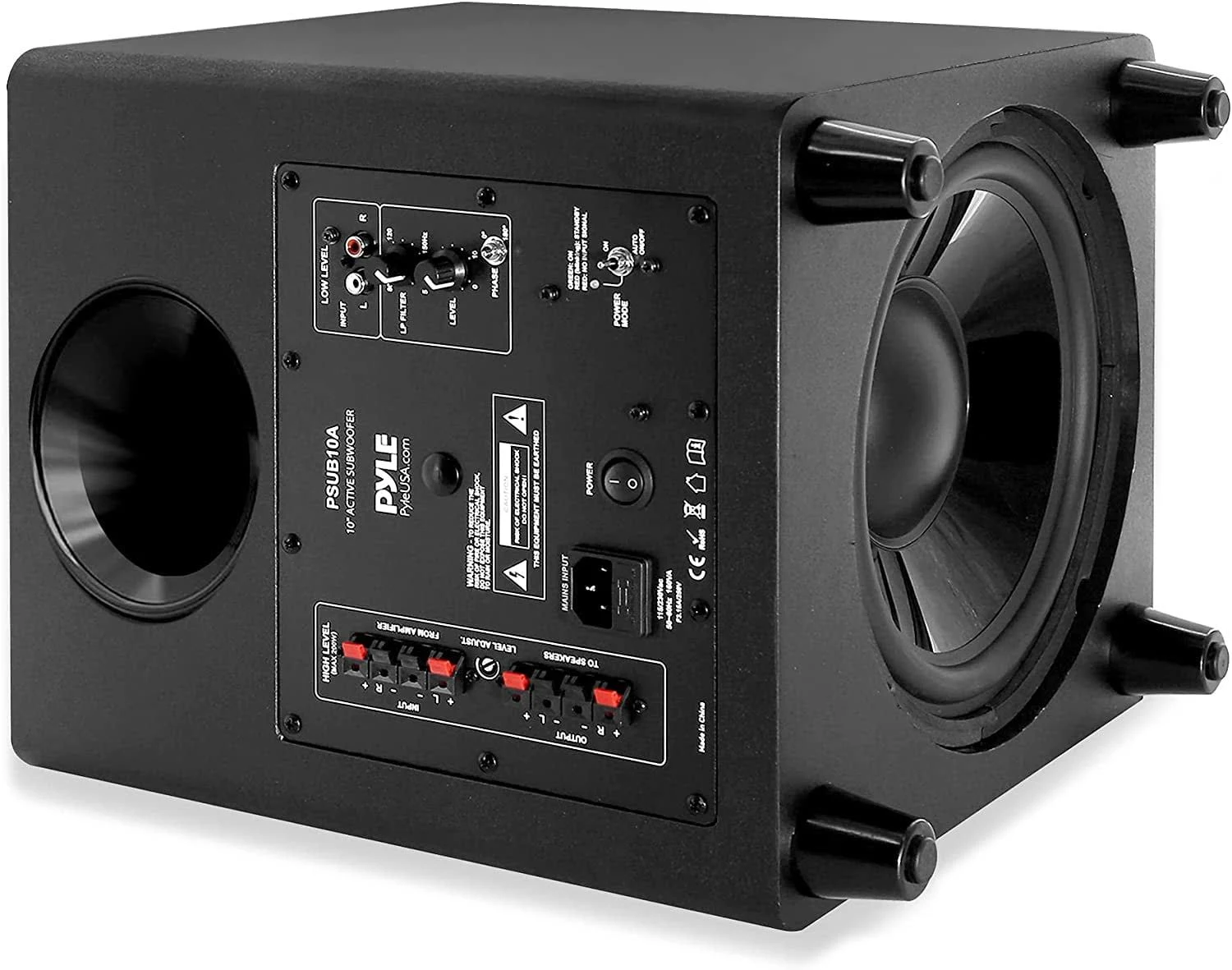 Pyle Active Down Firing Subwoofer - 10 Inches, Ported Design with High-to-Low Input Level Controller, Invisible Down-Firing Speaker, Color Black, Buil