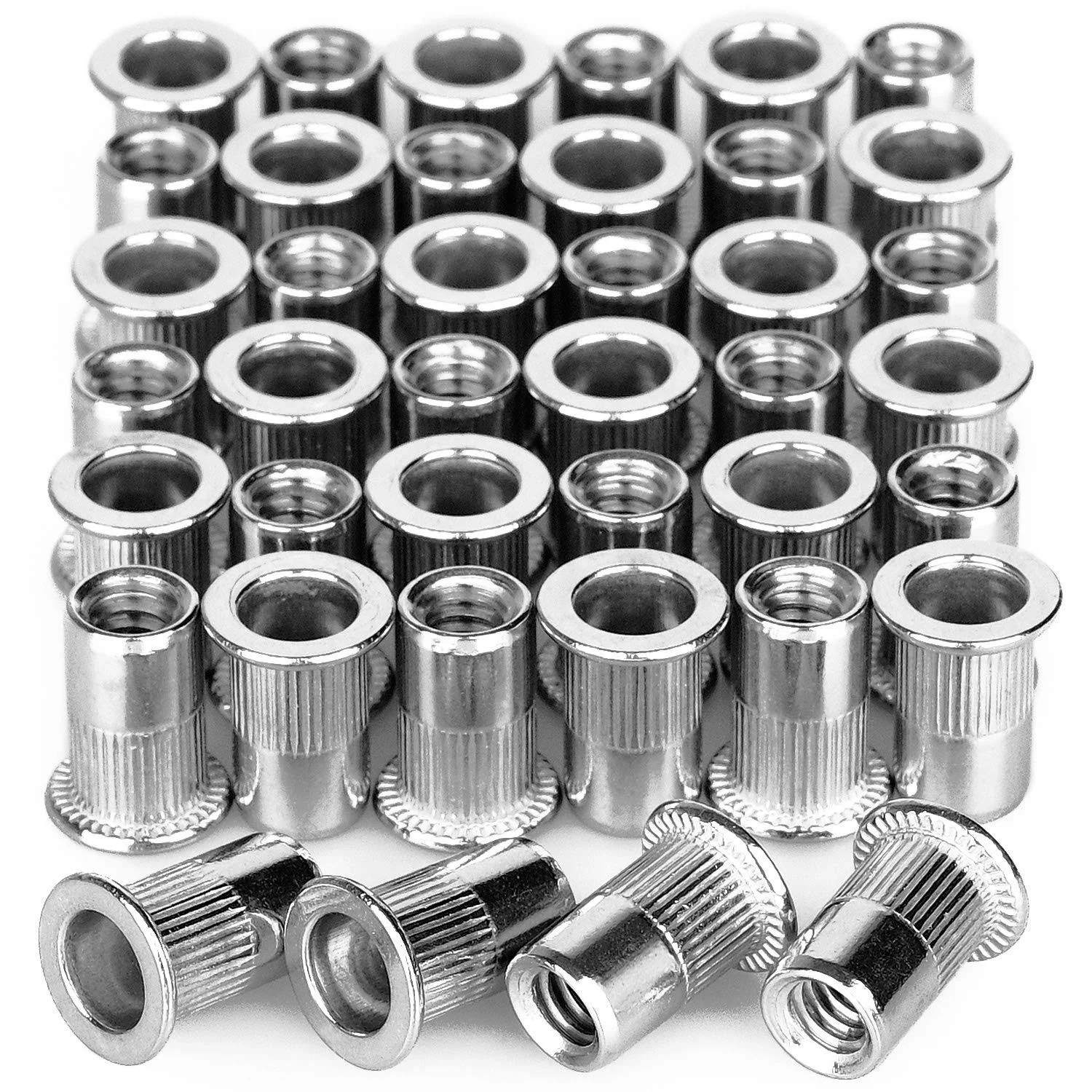 40Pcs 1/4”-20 Rivet Nuts Stainless Steel Threaded Insert Nut 1/4-20UNC Nutsert Rivnuts Flat Head Knurled Body