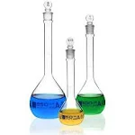 EISCO Premium Volumetric Flask Set - 50ml, 100ml & 250ml - Class A, ASTM E288 - Superior Durability & Chemical Resistance - Glass Penny Stoppers - Borosilicate 3.3 Glass