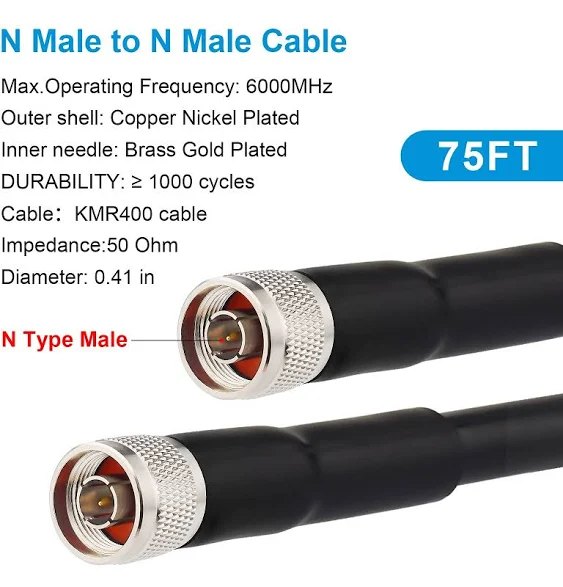 XRDS -RF N Male to N Male Cable 75FT, 50 Ohm Low Loss Cable KMR400 Coax Extension Cable for 3G/4G/5G/LTE/GPS/WiFi/RF/Ham/Radio to Antenna or Phone Signal Booster Use