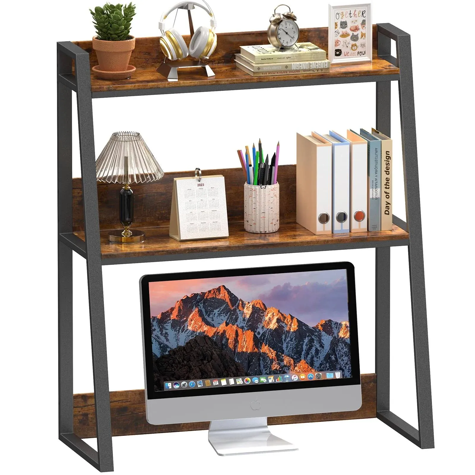 EasyCom Desktop Bookshelf, 2-Tier Multipurpose Wood Desktop Hutch for Compute...