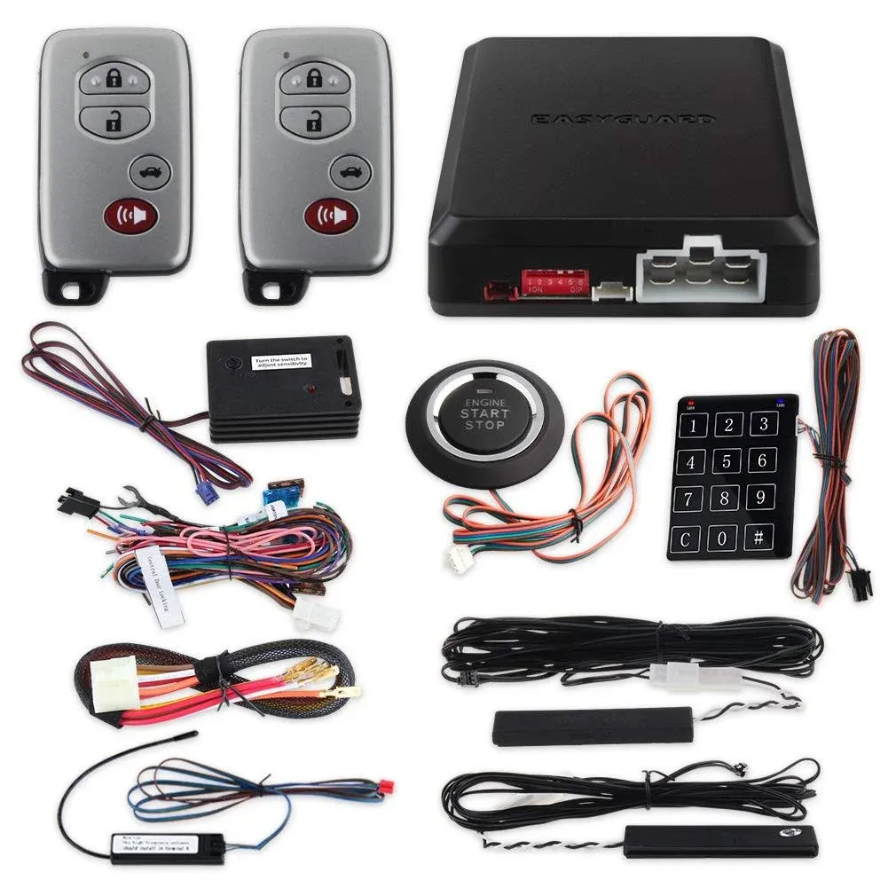 EASYGUARD ec002-T-NS Rolling Code PKE car Alarm System with Passive keyless Entry Remote Start Push Button Start Stop Touch Password Entry Shock Sensor Warning auto Locking Unlocking car Doors