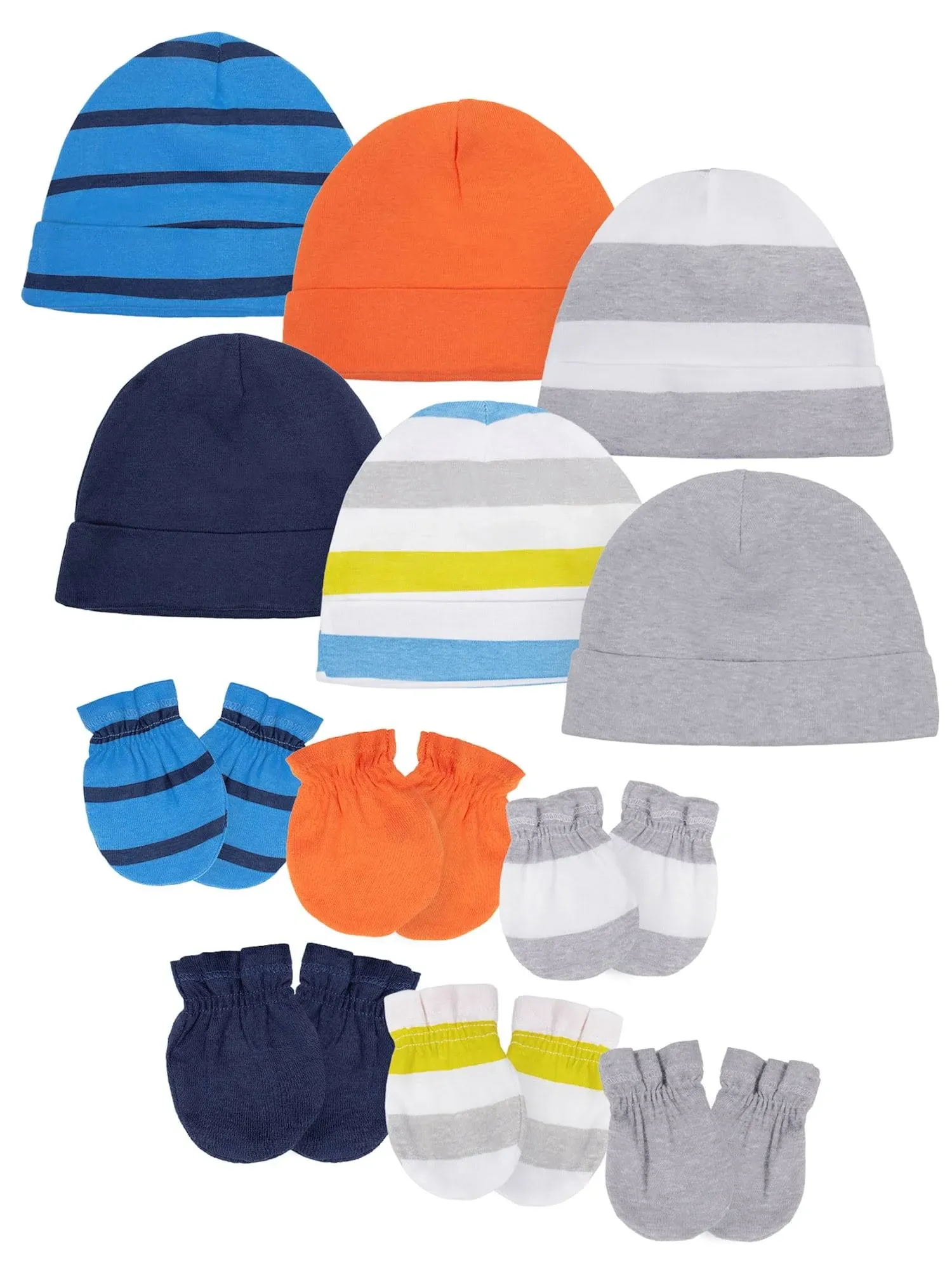 12-Piece Baby Boy Navy &amp; Orange Cap and Mitten Set