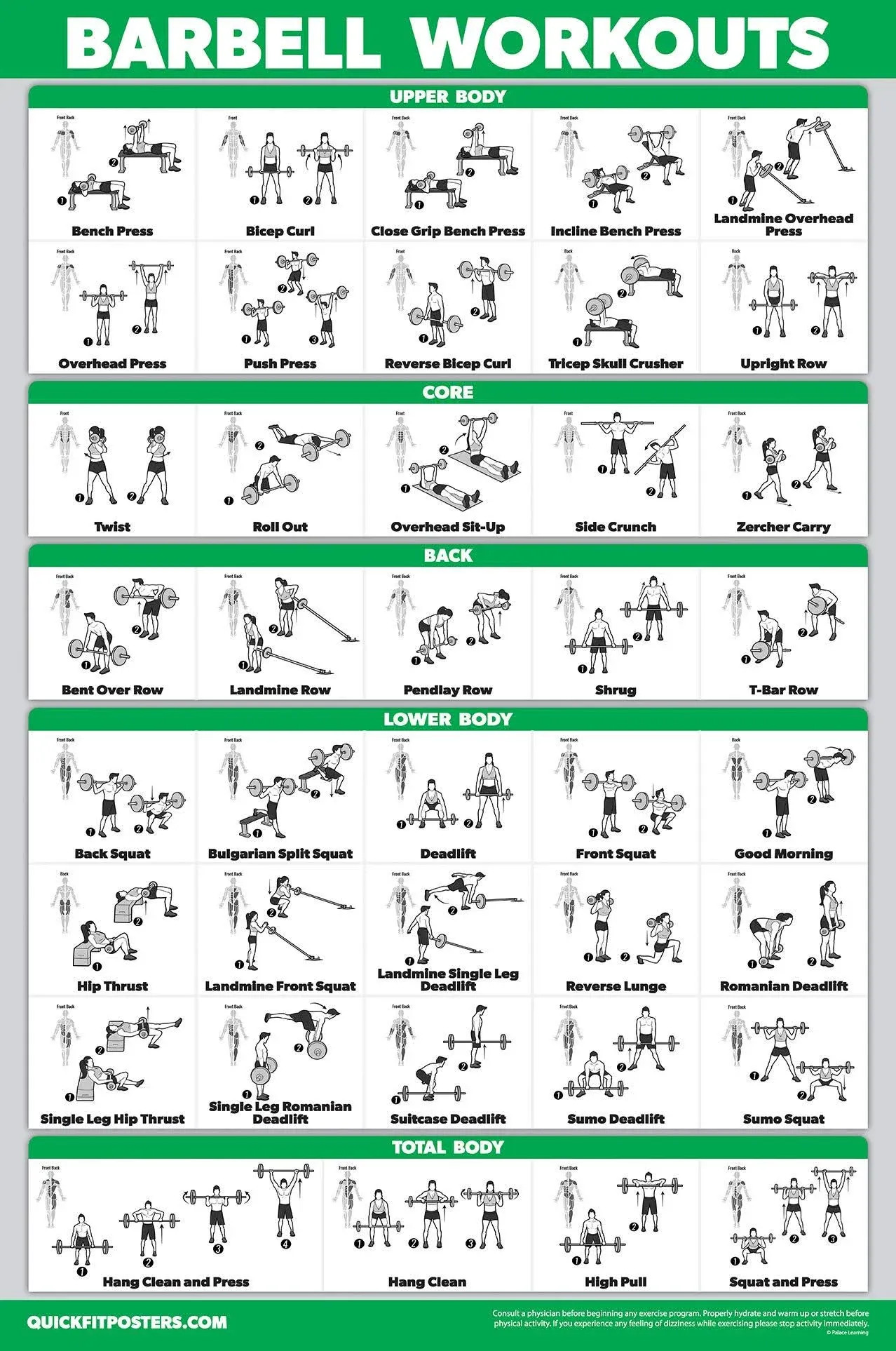 Palace Learning QUICKFIT Barbell Workout Exercise Poster - (Laminated, 18in x 24in) for Kids Room