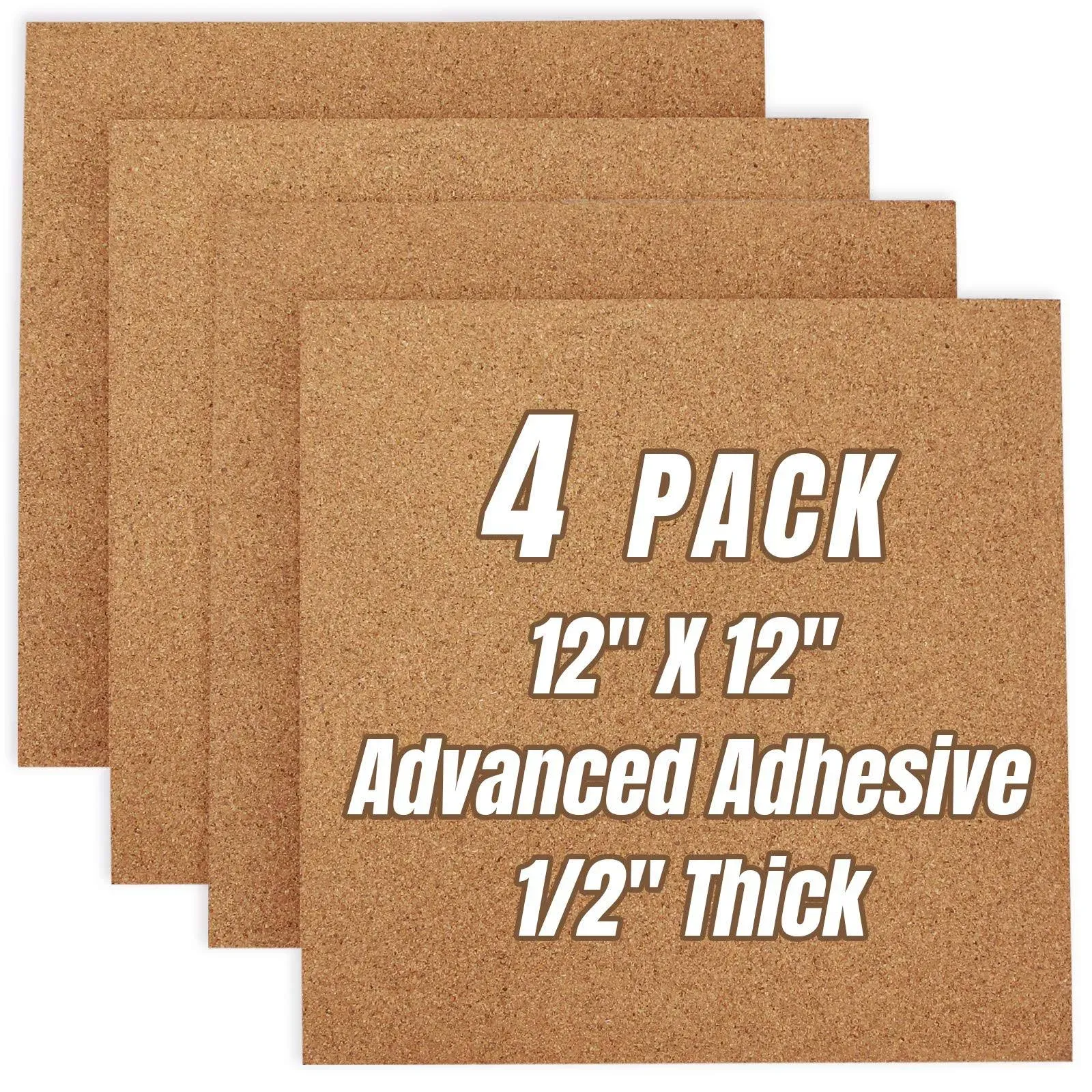 Cork Board Tiles 12"x12" - 1/2" Thick 4 Pack Cork Board Square Bulletin Boards Self Adhesive Corkboards for Walls Pin Boards Corkboards for Office Home School Decor