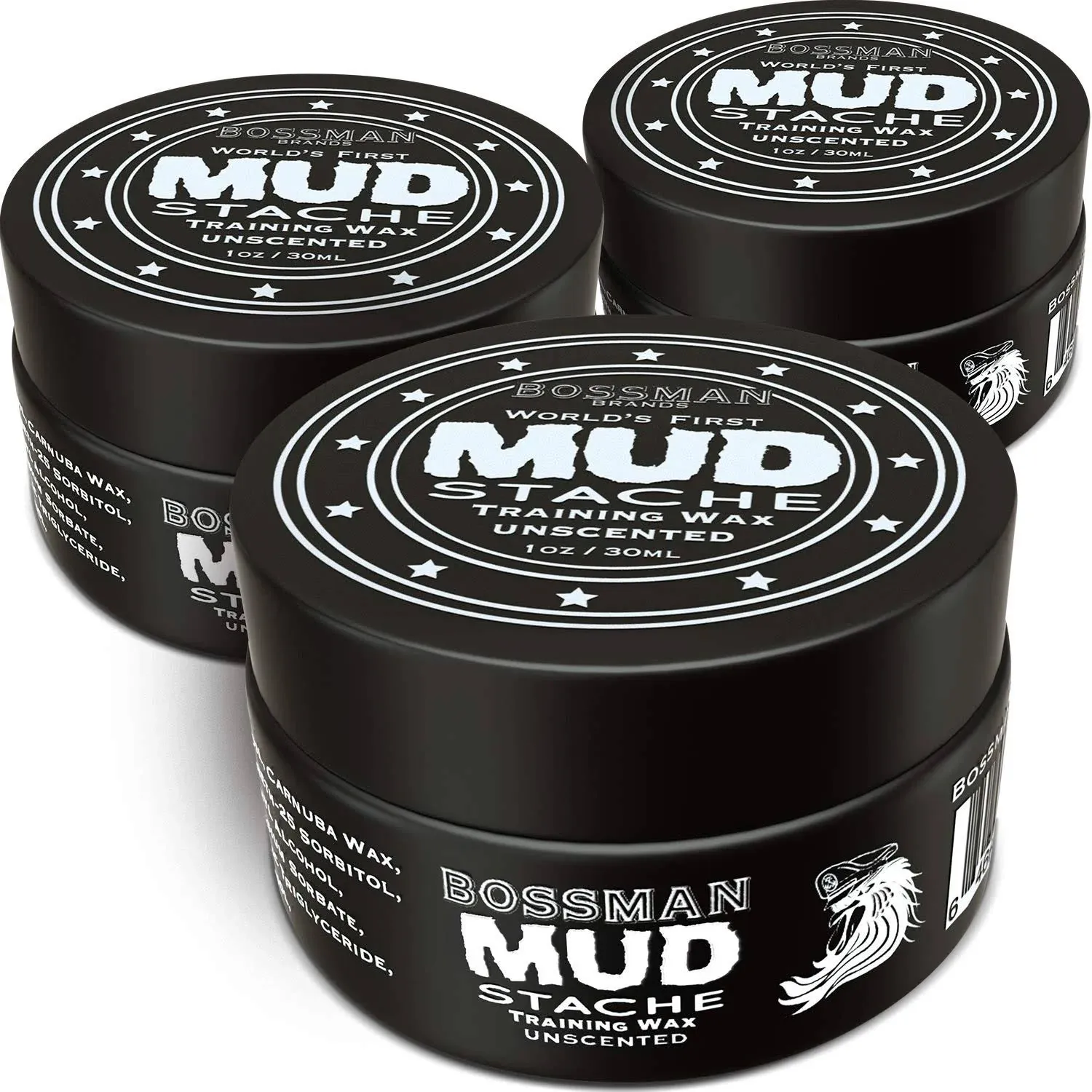 Bossman MUDstache Unscented Mustache Wax – No Pull - Spreads Easy for a Strong Non-Tacky 24 hr Hold - Tame, Train and Style - Moustache Wax for Men (1oz)