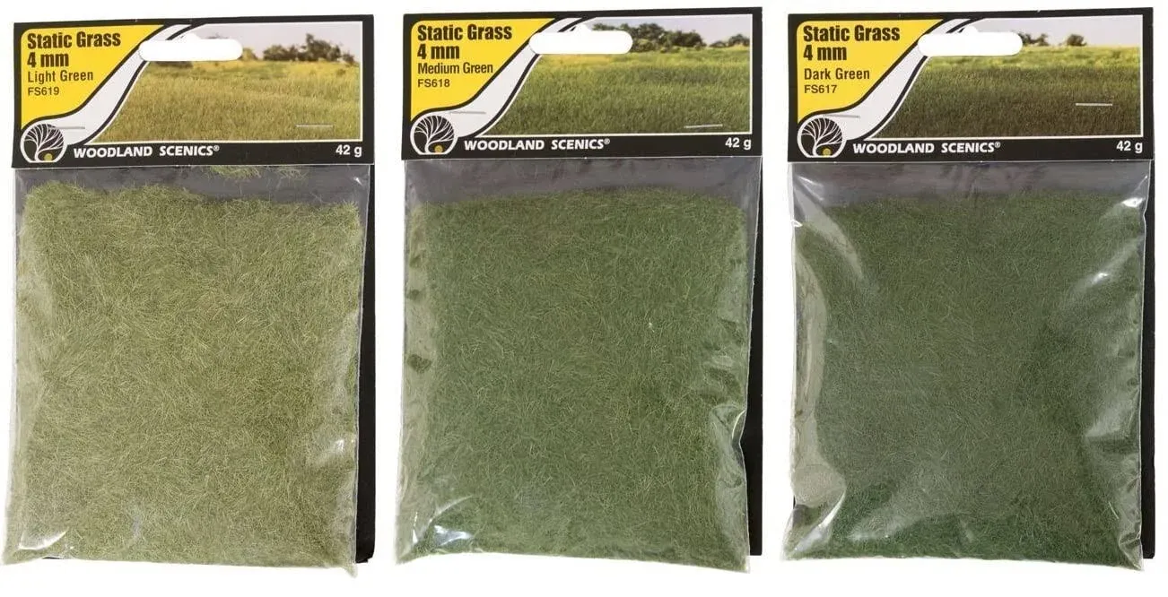 Woodland Scenics Static Grass, Light Green, Medium Green, and Dark Green, 4mm (Pack of 3) with Make Your Day Paintbrus