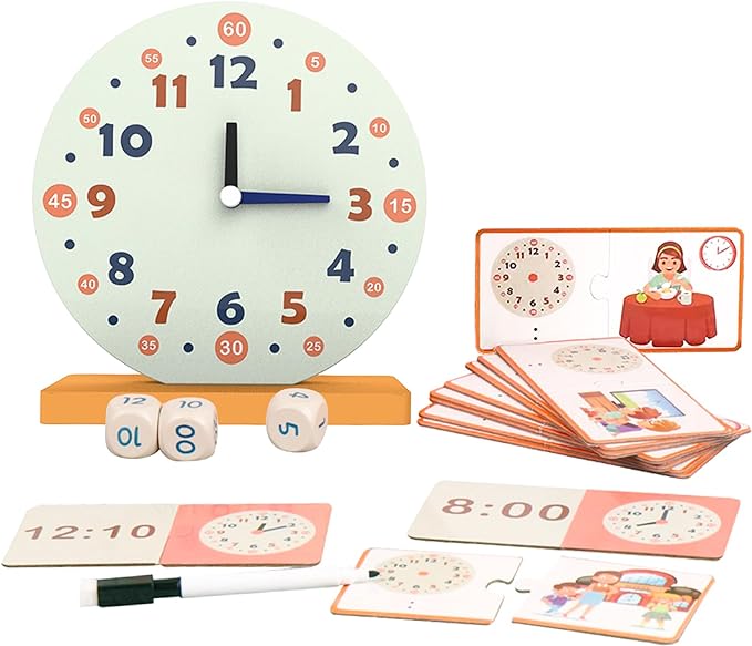 Wooden Toys for Learning Clock Game Set - 29 Piece,Learning Clocks for Kids, Clocks and Time Teaching Aids for Pen Included, Homeschool Supplies-Telling Time Teaching Clock for Kids Ages 3+