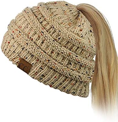 C.C BeanieTail Soft Stretch Cable Knit Messy High Bun Ponytail Beanie Hat