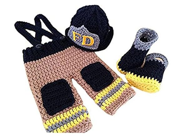 Pinbo Baby Photography Prop Crochet Knitted Firefighter Fireman Hat Pants Shoes