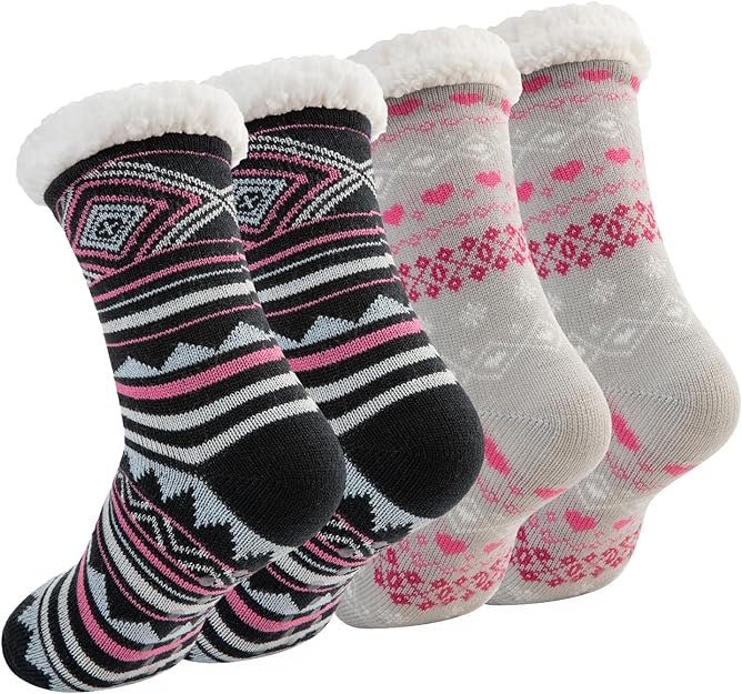 Treehouse Knit Women's Thick Knit Sherpa Fleece Lined Thermal Fuzzy Slipper Socks with Grippers, OS - 2 pack