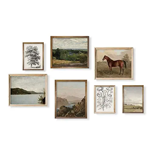 Rustic French Country Wall Art Decor - Boho Art Deco Victoria Picture Bathroom - Modern Farmhouse Kitchen Poster Print - Aesthetic Vintage Landscape Set, Horse Lake Mountain Tree Sketch Meadow Nature