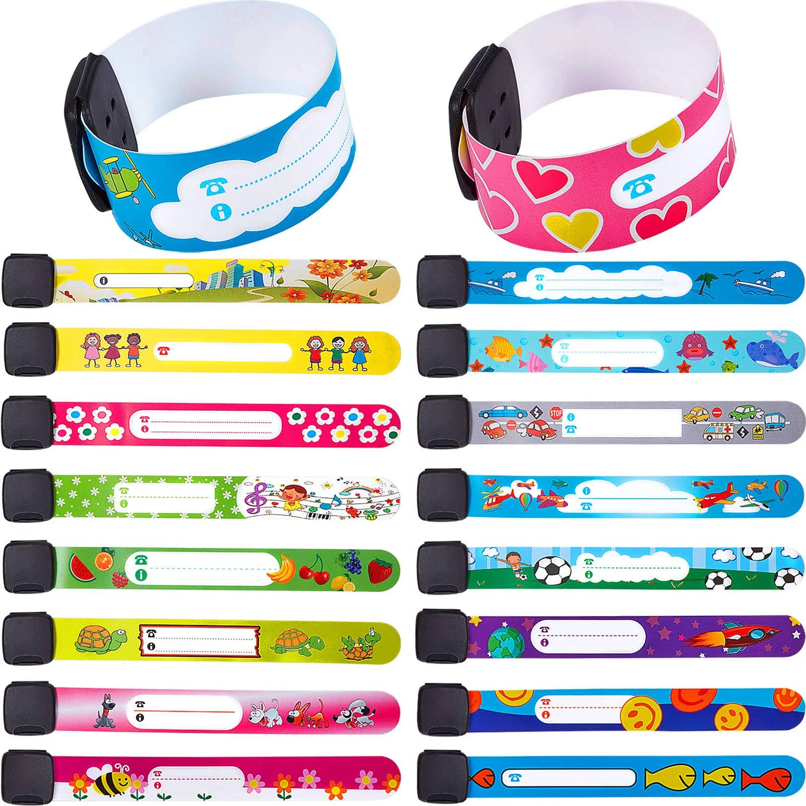 36 Pieces Child Safety ID Wristband Anti Lost ID Children Wristband Reusable Identification Bracelets Adjustable Waterproof ID Band for Boys and Girls Outdoor Activities, 18 Styles