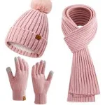 Womens Long Scarf Gloves and Hat Set Cold Weather Hat Scarf Glove Set for Women Winter Beanie Hats with Pom Pom