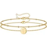 MONOZO Gold Initial Bracelets for Women, Dainty 14K Gold Filled Layered Beaded Letter Initial Bracelet Personalized 26 Alphabet Disc Monogram Charm Bracelet Jewelry Gifts for Her