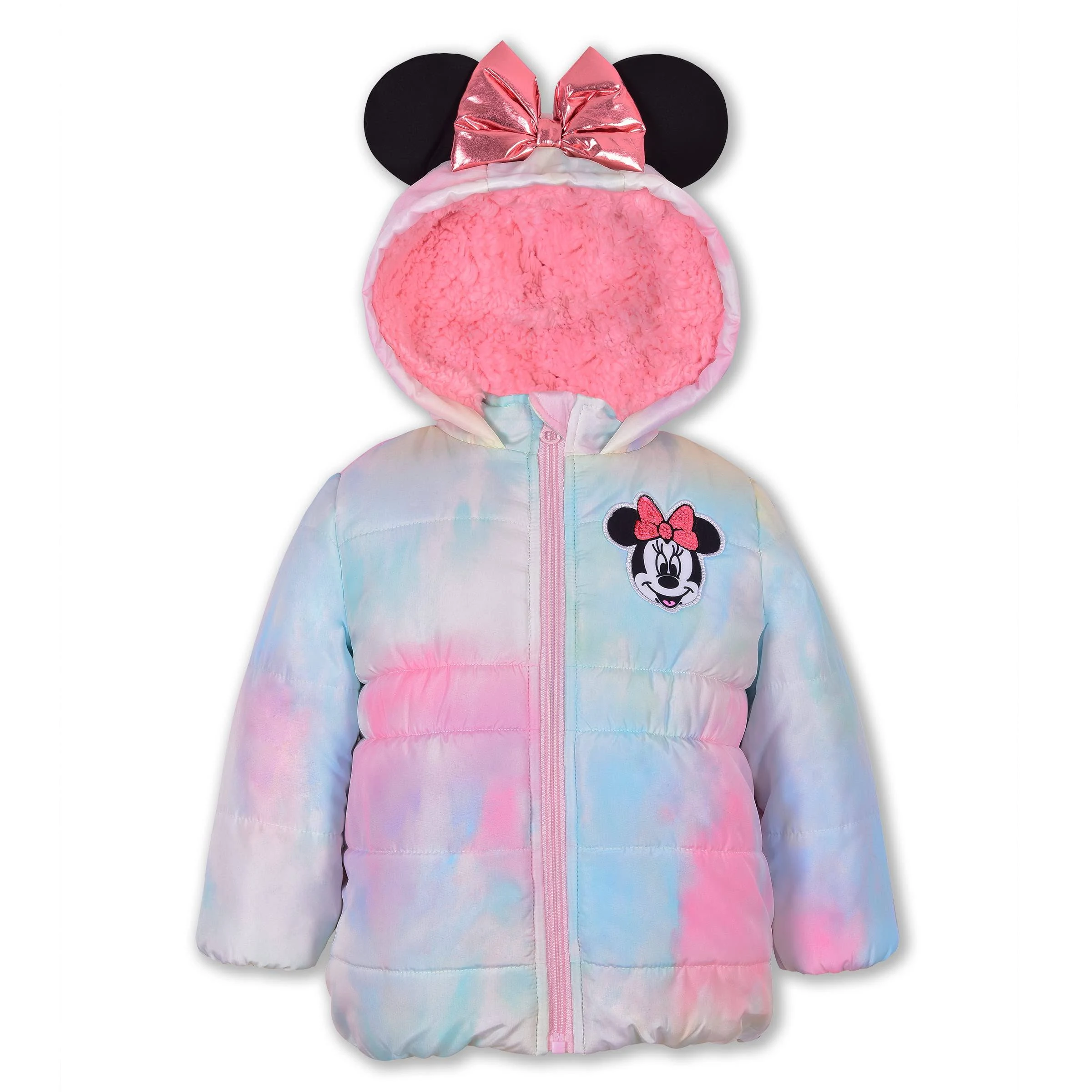 Disney Minnie Mouse Girls Puffer Jacket with Ears and Bow for Toddlers, Little Kids, and Big Kids