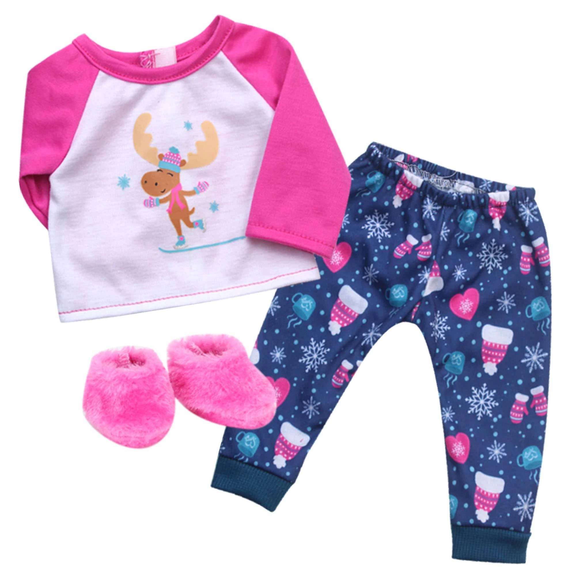 Sophia's 15" Baby Doll 3 pc. Pajama Set with Long-Sleeved Moose Print Tee, Winter Print Pants, and Fuzzy Slippers, Navy, White and Pink