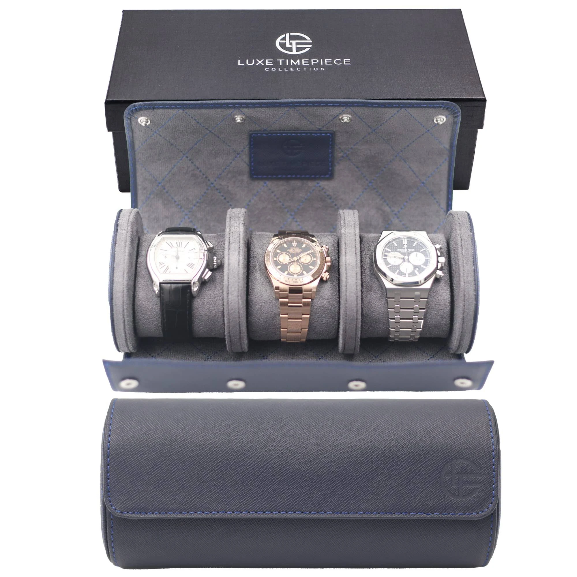 Watch Roll ; Travel Case For 3 Watches - Genuine Saffiano L Triple - Navy Blue w