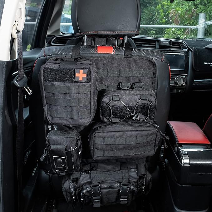 Tactical Car Seat Back Organizer with 5 Detachable Molle Pouch-1 Medical Kit & 4 Admin Pouch, Upgrade Tactical Vehicle Panel with Multi Bags for Truck, Jeep, SUV, Car, Ford, Chevy, Toyota