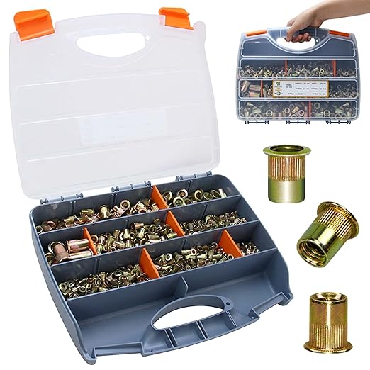 880pcs Rivet Nut Kit SAE Rivnut #6-32#8-32#10-24 1/4“-20 5/16"-18 3/8"-16 1/2"-13 Carbon Steel Yellow Zinc Plated Finish Flat Head Rivet Nuts Assortment with Case