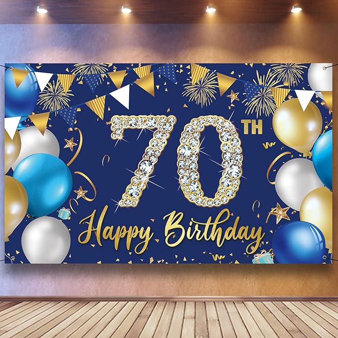 70th Birthday Decorations Backdrop Banner for Men, Happy 70th Birthday Decorations Men, Blue Birthday Photography Background, 70 Year Old Birthday Party Sign Poster Decor Fabric 6.1ft x 3.6ft PHXEY