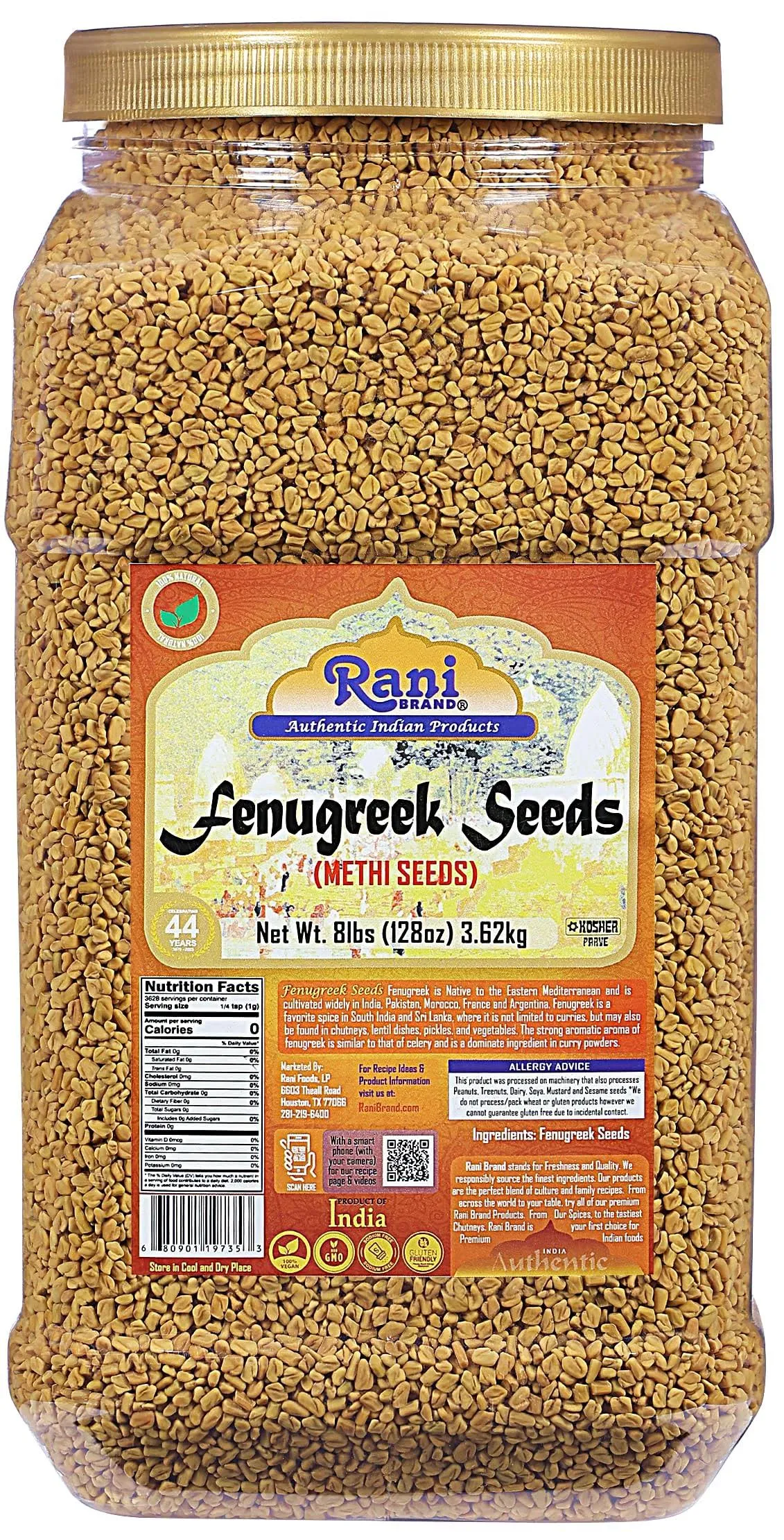 Rani Fenugreek (Methi) Seeds Whole 128oz (8lbs) 3.62kg Bulk PET Jar, Trigonella foenum graecum ~ All Natural | Vegan | Gluten Friendly | Non-GMO | Indian Origin, used in cooking & Ayurvedic spice