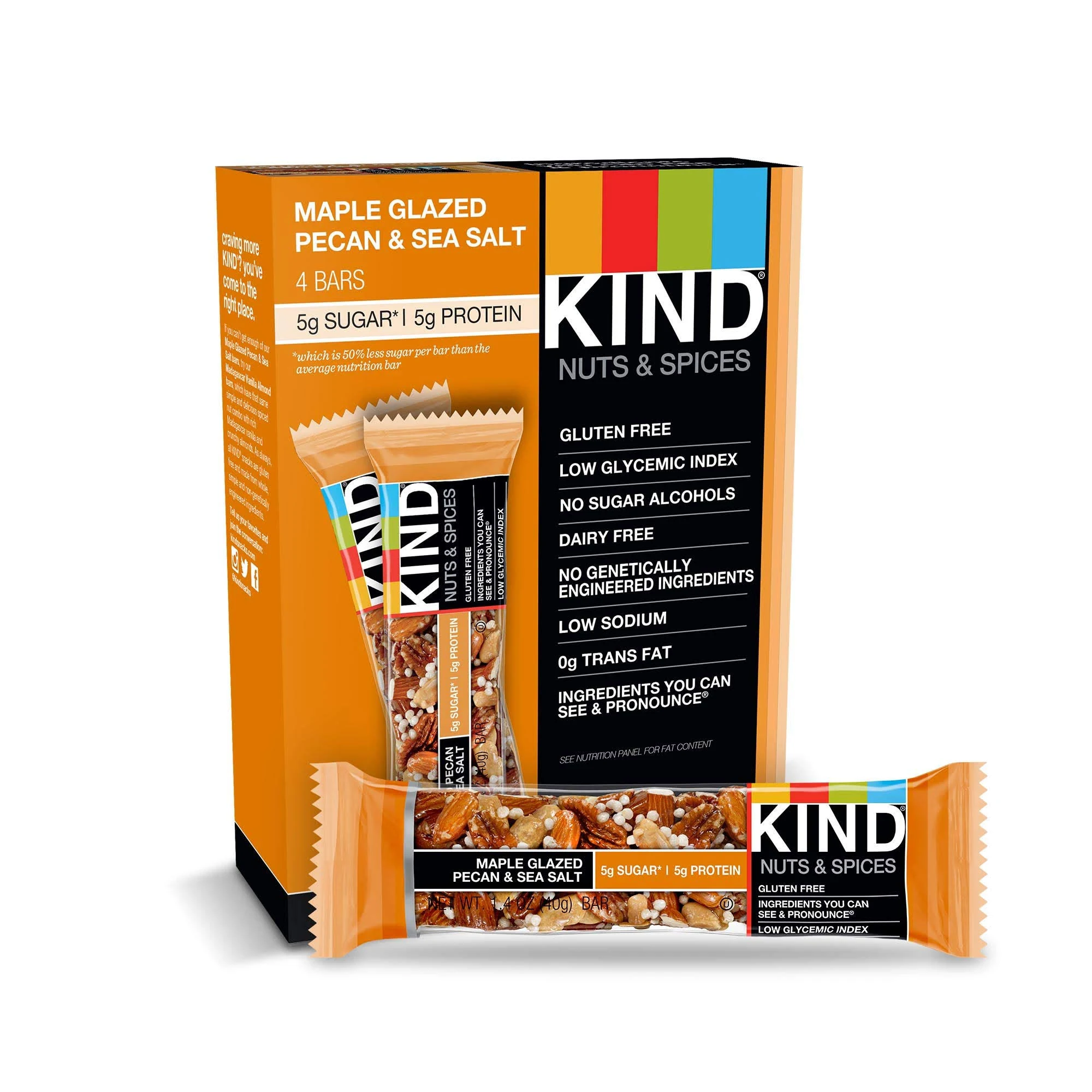 KIND Bars, Maple Glazed Pecan & Sea Salt, Gluten Free, Low Sugar, 1.4oz, 4 Count