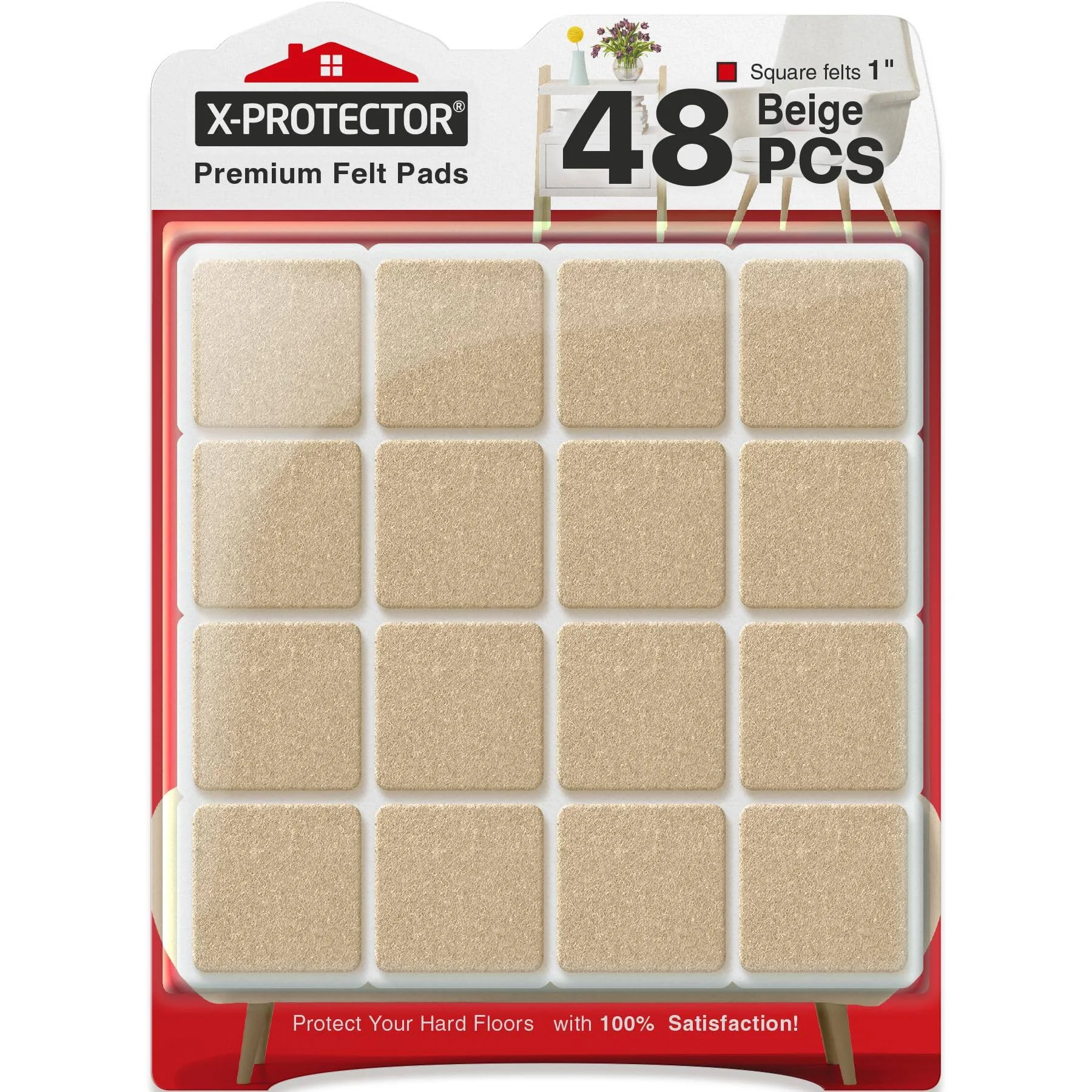 X-PROTECTOR Felt Furniture Pads - 48 PCS 1" - Felt Pads Floor Protectors - Chair Felt Pads - Felt Pads for Furniture Feet - Furniture Pads for Hardwood Floors - Protect Your Floors! (Beige, Square)