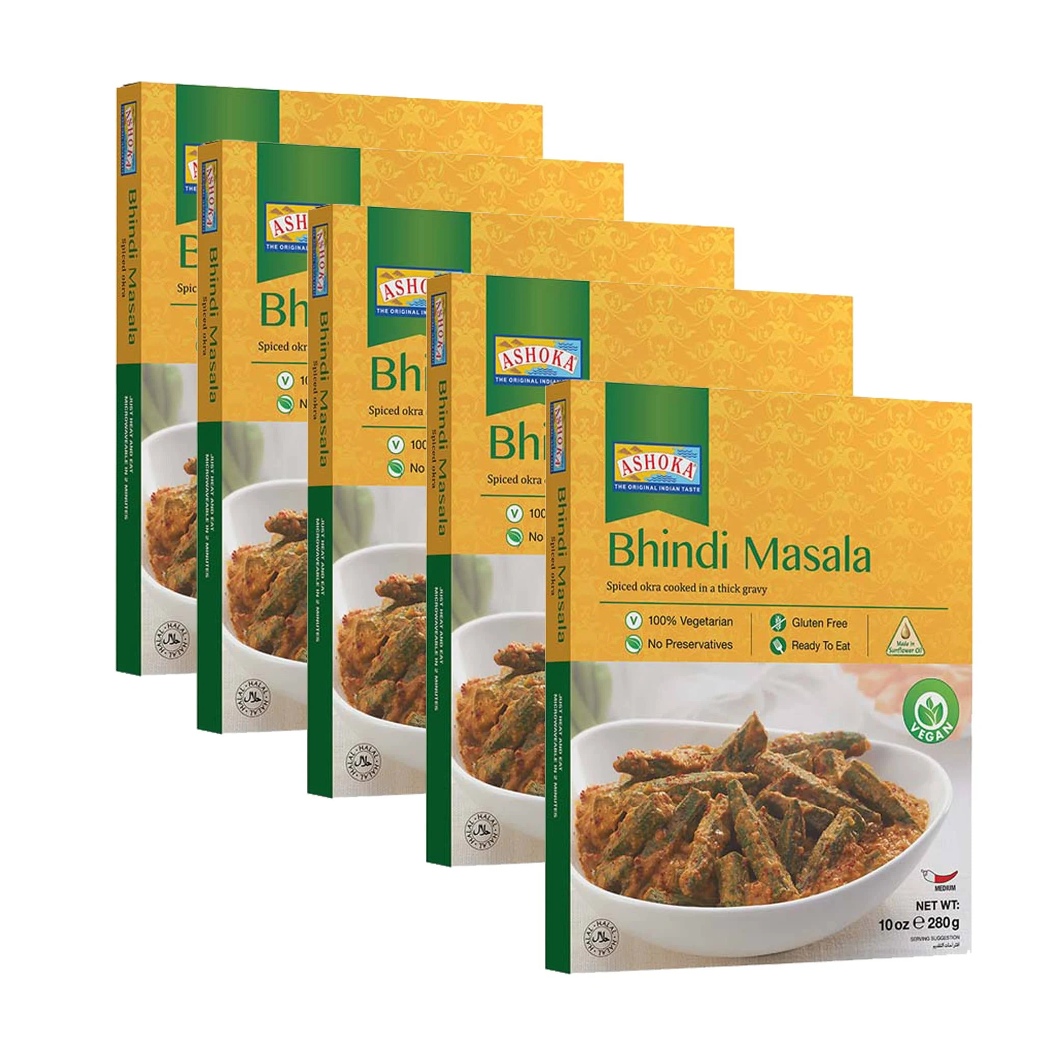 Ashoka Ready to Eat 1932, Vegan Spiced Orka, All-Natural Bhindi Masala, Real Indian Meals, Great for Offices, Healthy Work Lunch, Gluten-Free, and with No Preservatives, Pack of 10