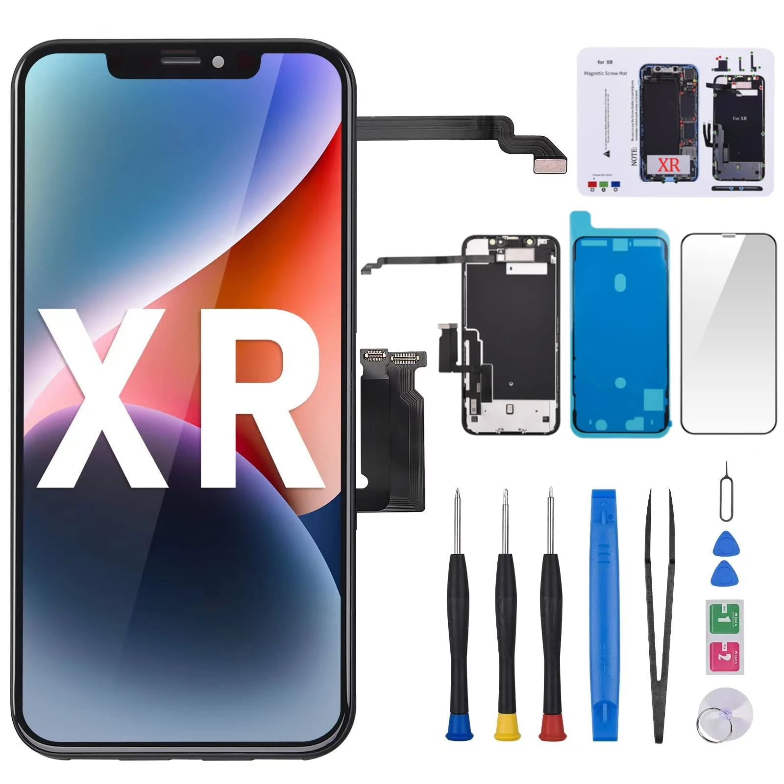 for iPhone XR Screen Replacement 6.1" with Ear Speaker Proximity Sensor Kit LCD Display 3D Touch Digitizer Assembly Fix Tool Magnetic Screw Mat Front Earpiece Repair A1984 A2105 A2106 A2108