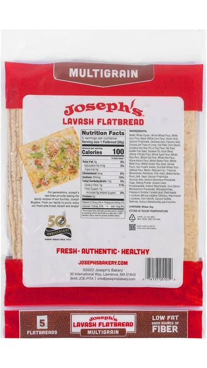 Joseph's Lavash Bread Value 3-Pack, Multigrain, Reduced Carb, Low Fat and Good Source of Fiber (5 Flatbreads per Pack, 15 Total), Fresh Baked