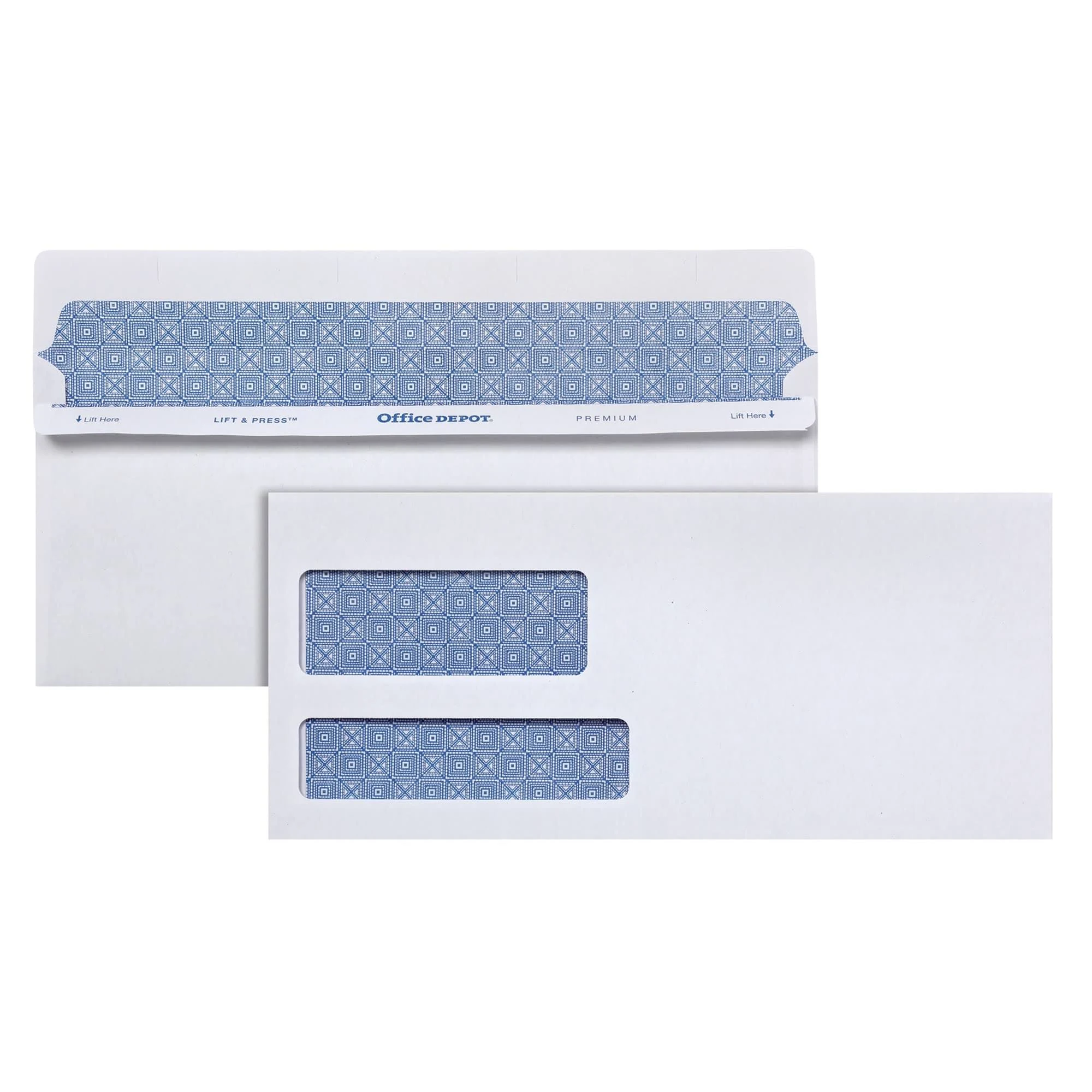 Office Depot Brand #10 Lift & Press Premium Security Envelopes, Double-Window, Self Seal, 100% Recycled, White, Box of 500