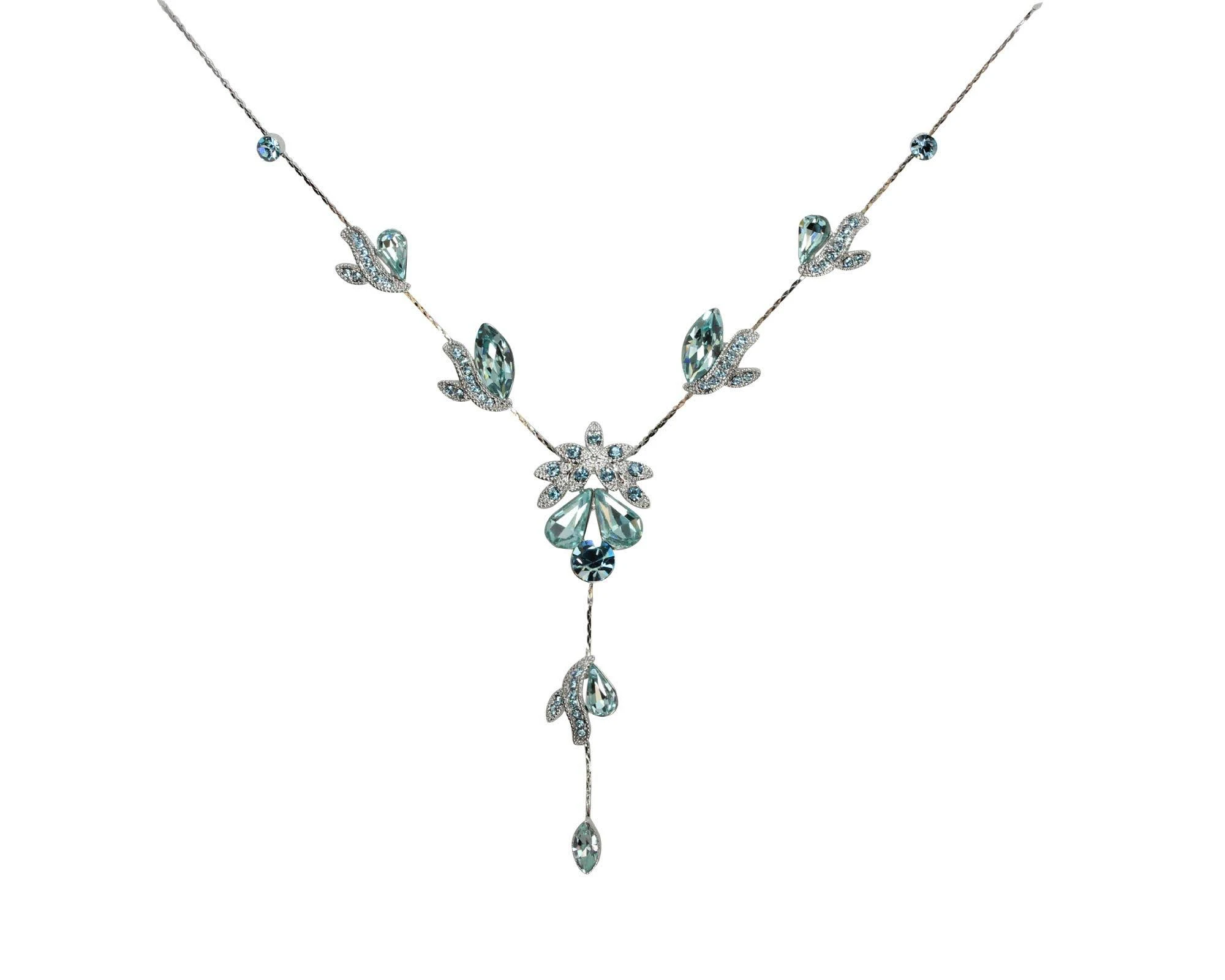 Faship Gorgeous Aqua Rhinestone Crystal Floral Necklace Earrings Set