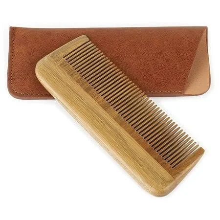 Onedor Handmade 100% Natural Green Sandalwood Wooden Comb for Men Hair, Beard, and Mustache Styling Pocket Comb With Leather Case (Short)