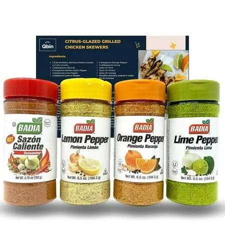 Badia Hot Citrus Pepper Seasoning Bundle - Lime Pepper 6.5 Oz, Orange Pepper 6.5 Oz, Lemon Pepper 6.5 Oz, Sazón Caliente 5.75 oz - Pack of 4