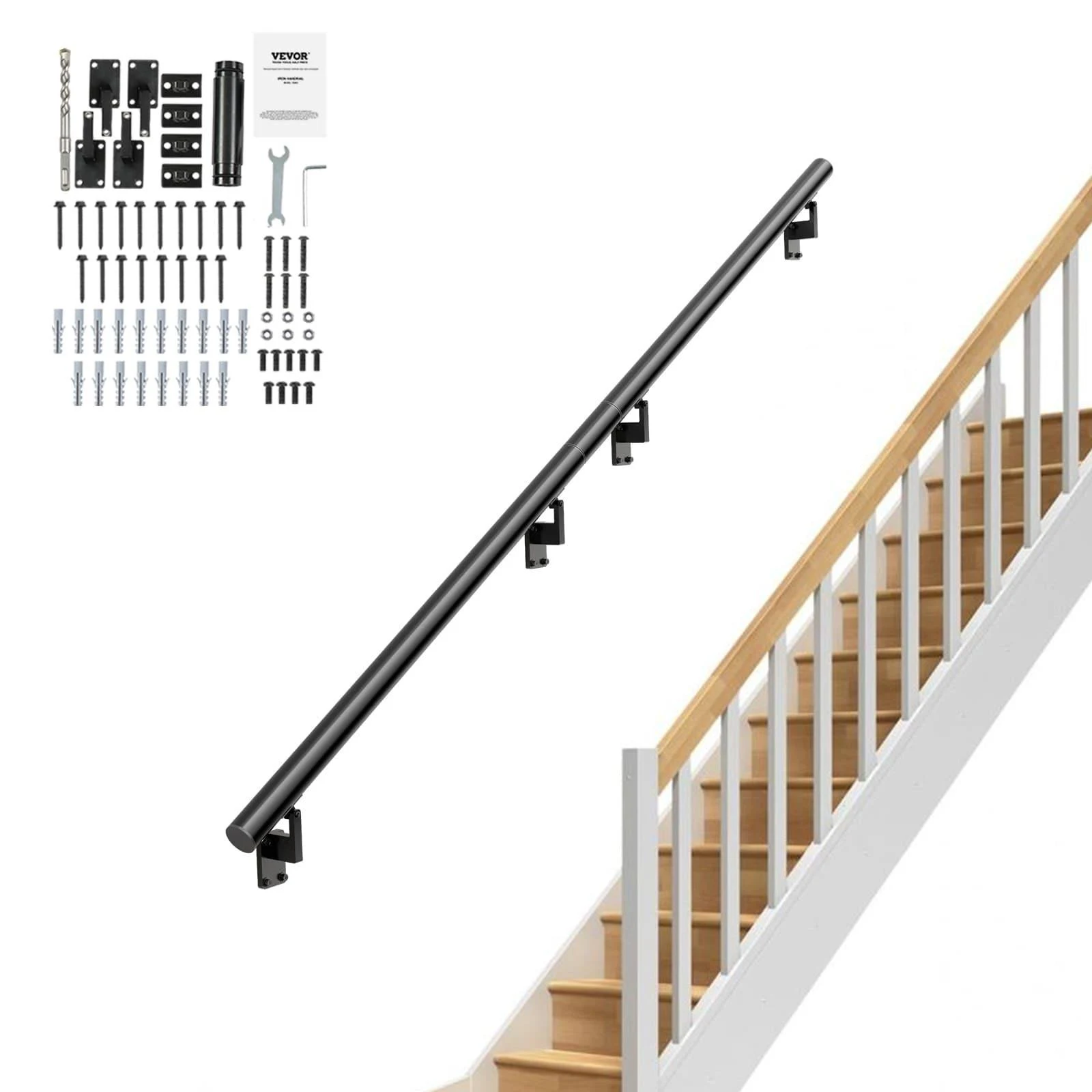 VEVOR Handrail Stair Railing, 12 ft, Wall Mount Handrails for Indoor Stairs ...