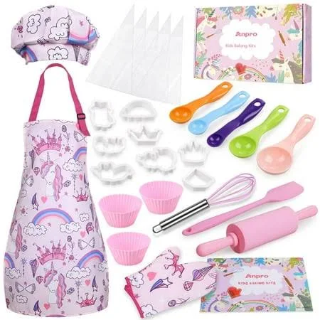 Anpro Complete Kids Cooking and Baking Set, 27 Pcs Aprons for Girls, Chef Hat, Mitt & Utensil to Dress up Chef Costume Career Role Play for 3-7 Years Girls, Plastic