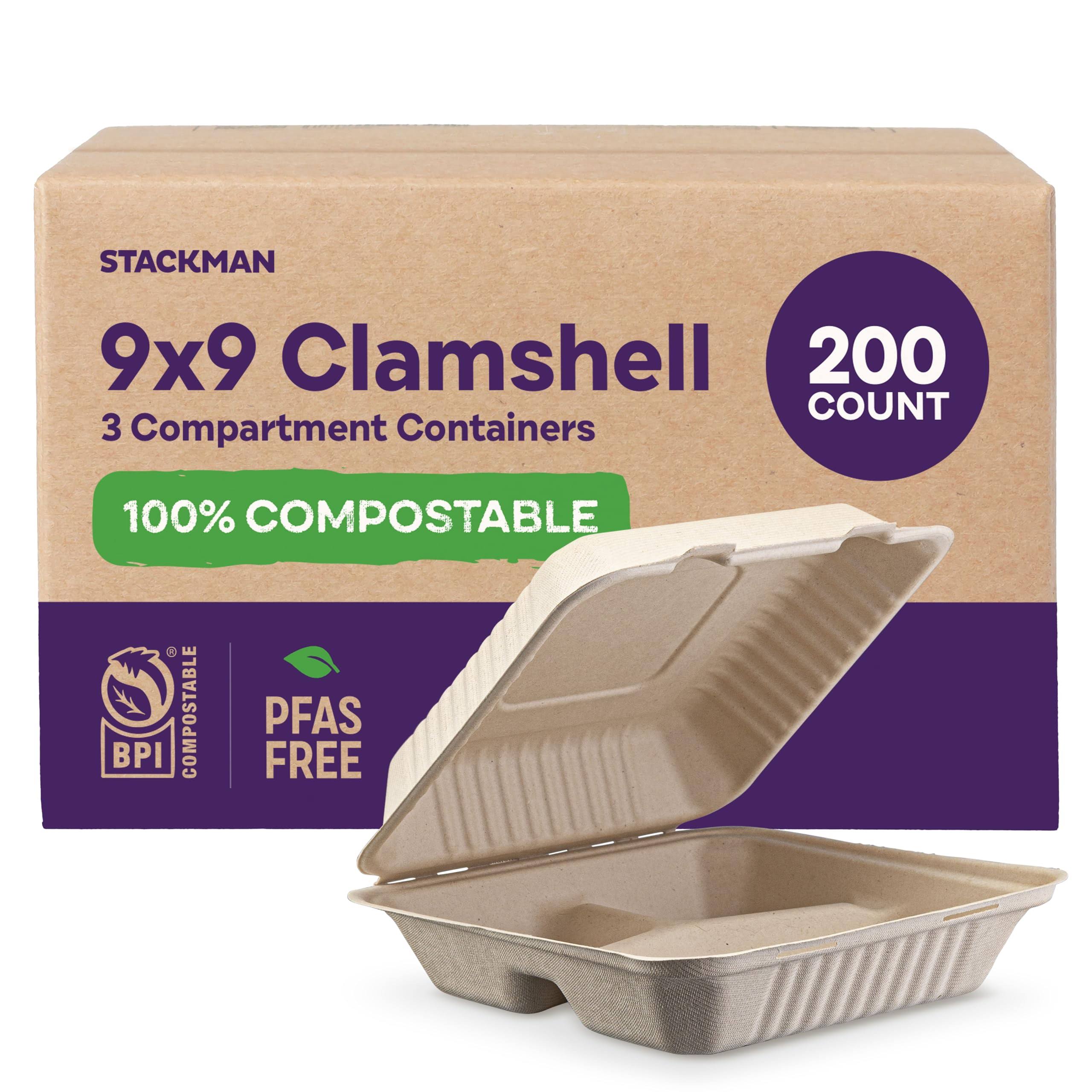 [Bulk - 200-Count] 100% Compostable To Go Containers 9x9" 3-Compartment Clamshell Take Out Food Container with Hinged Lid - Disposable Togo Plates - Eco-Friendly Takeout Box Made of Sugar Cane Bagasse