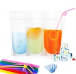 TOPHOUSE 100pcs Drink Pouches for Adults Heavy Duty Hand-Held Translucent Reusable Juice Pouches Smoothie Pouches with 100 Drink Straws Adult Party Favors