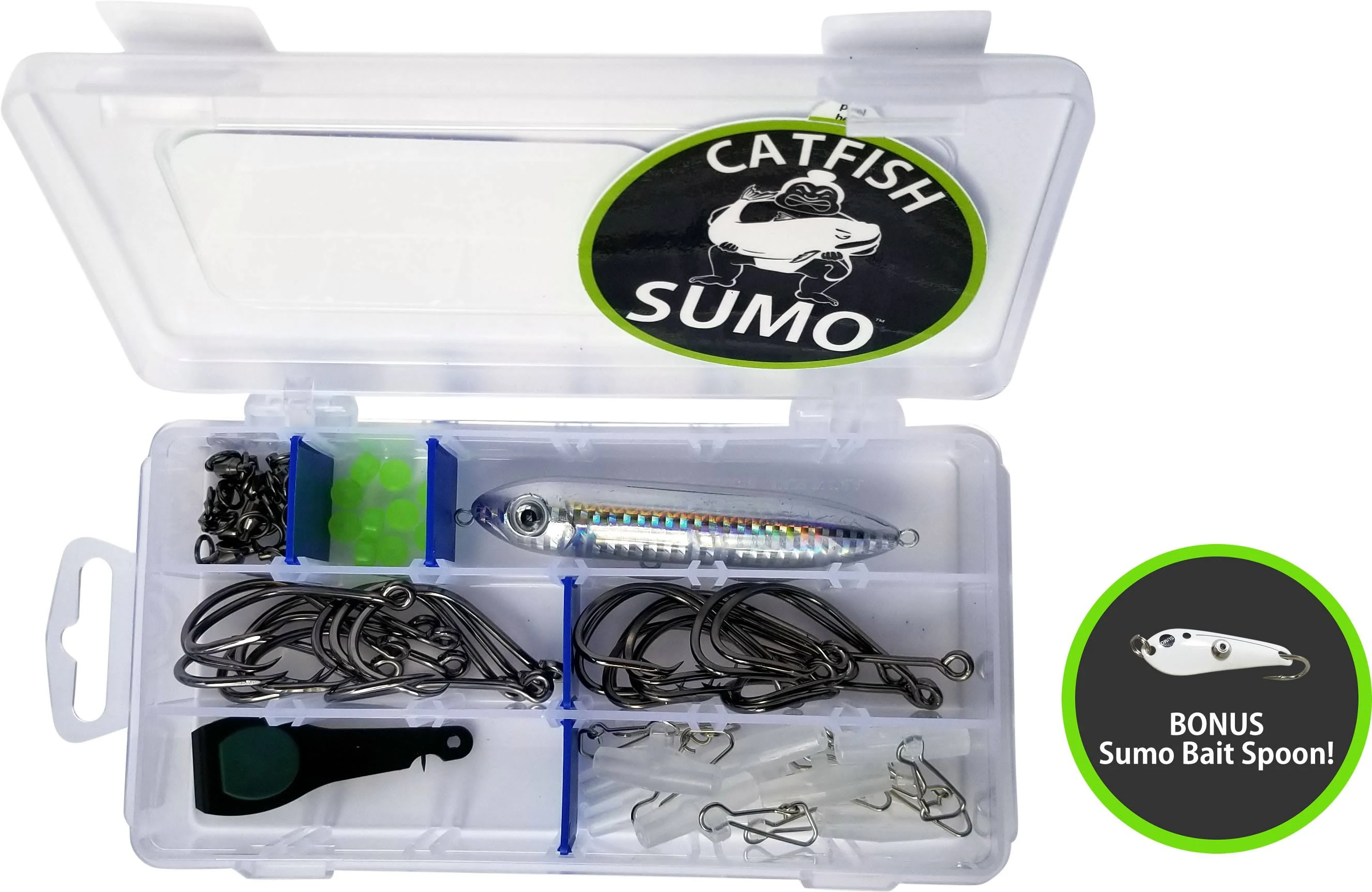 Complete Catfish Rig Tackle Set | Trophy Catfishing Kit with 8/0 Circle Hooks, Storage Box, Sinker Sliders, Knot Protectors, Swivels, Rattling Line Float, Nippers and Decal