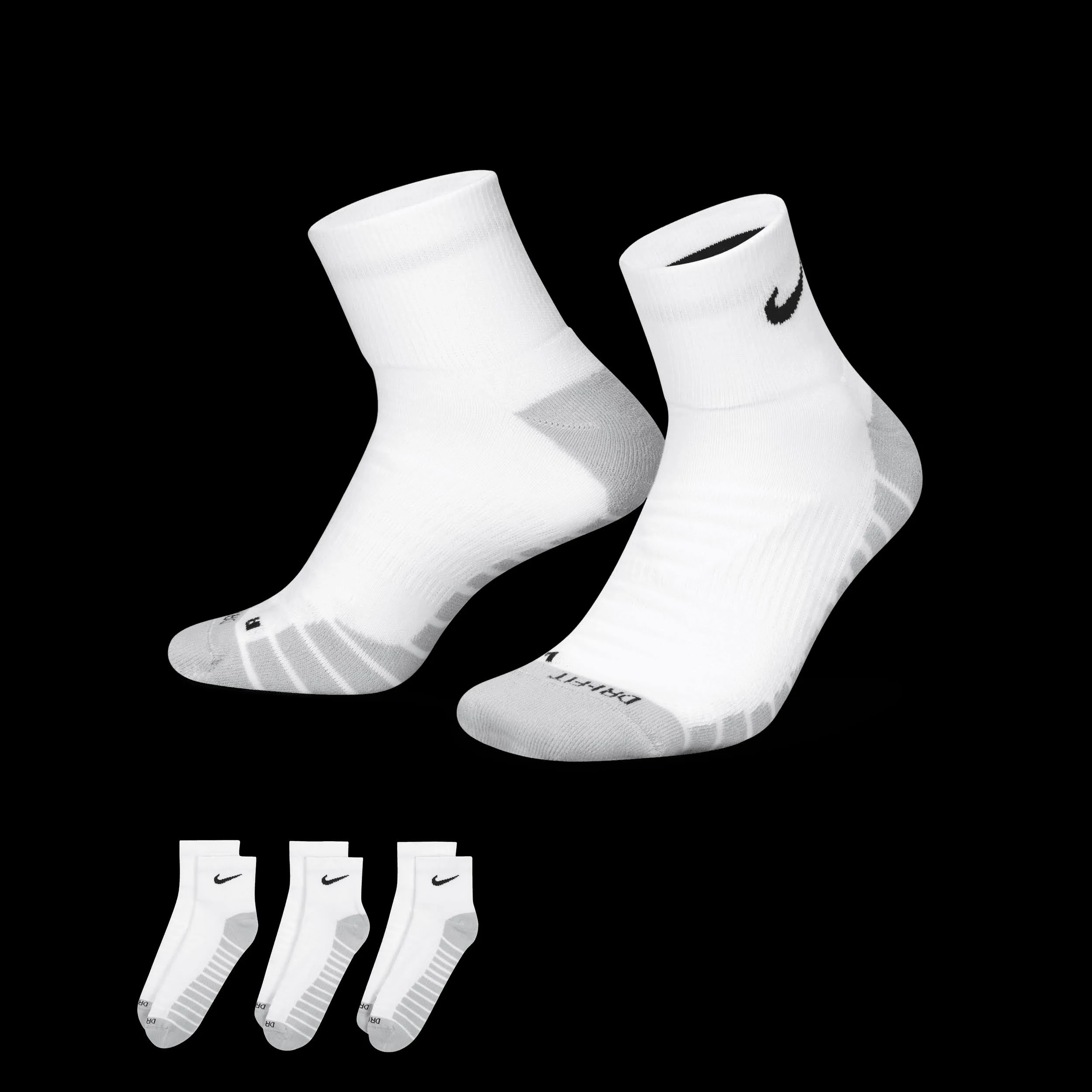 NIKE DRI-FIT MAX CUSHION QUARTER SOCKS 3-PAIR WHITE L-R MARKED MENS SHOE SZ 6-15