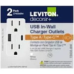 Leviton Decora USB Charger 15A Receptacle 5.1A Type A/Type-C (2-Pack) in White