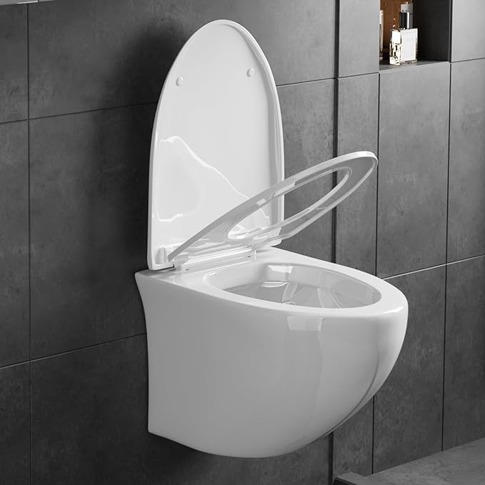 SUPERFLO Wall Hung Toilet Bowl- Wall Mounted Toilets Bowl with Rear Outlet & Soft-close Seat,Oval Elongated Wall Mount Toilet, One Piece Toilets for Modern Bathroom (Not included Tank & Bracket)